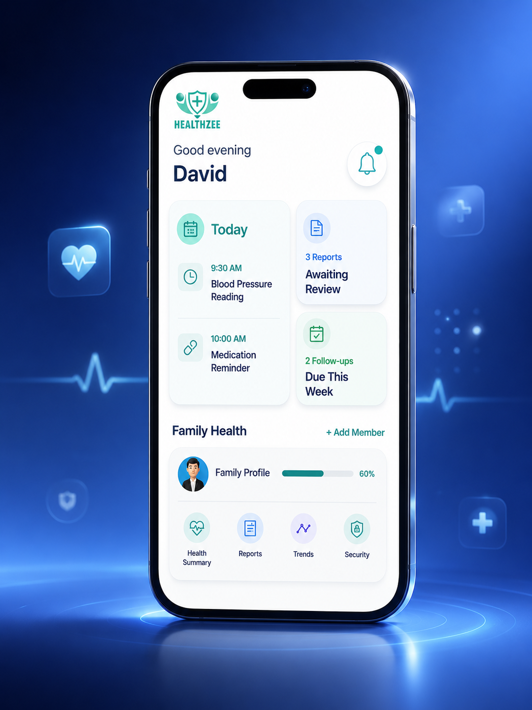 HealthZee app — family health management dashboard